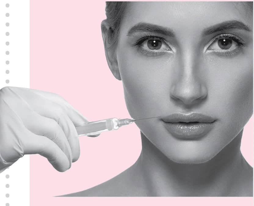 model holding filler syringe to lips