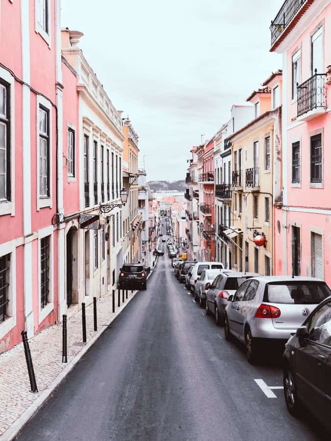 street with pink buildings